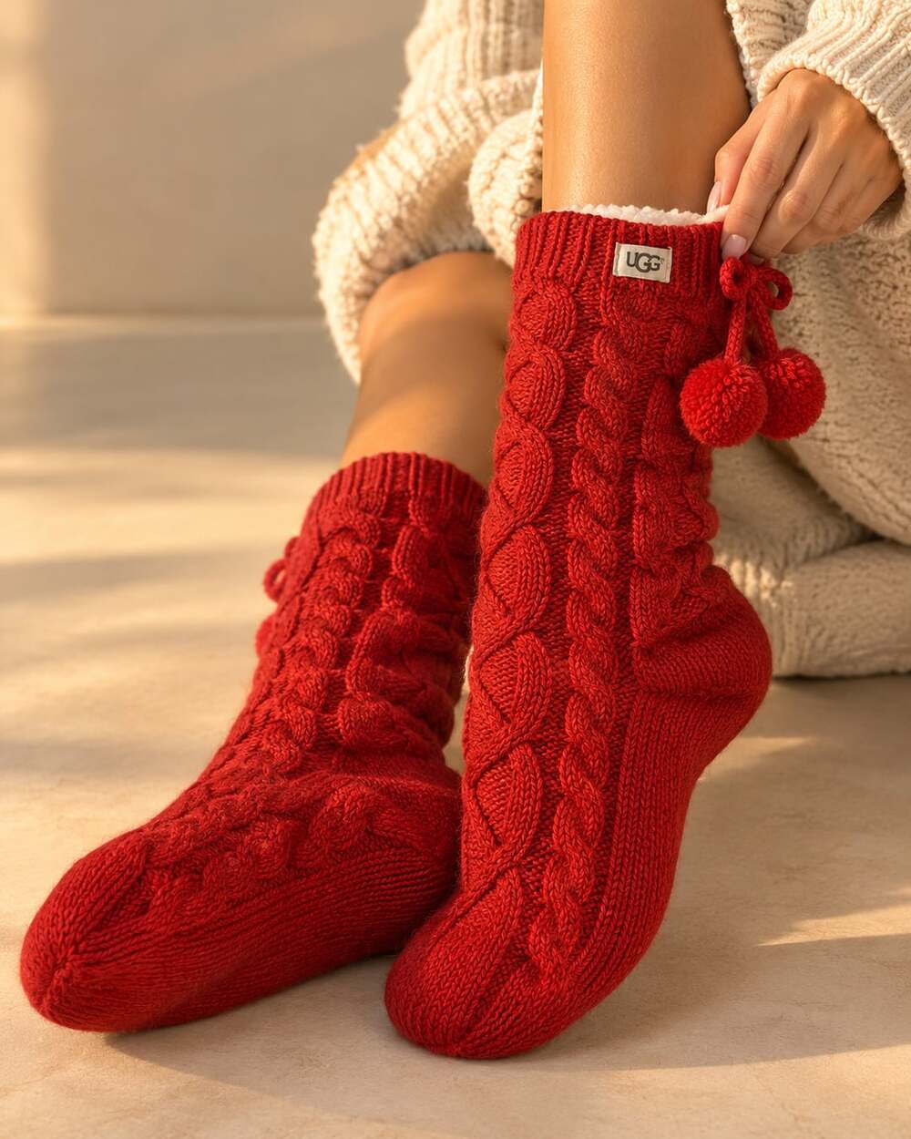UGG Pom Pom Fleece Lined Crew Sock Size 9-11 Poppy Red Comfy